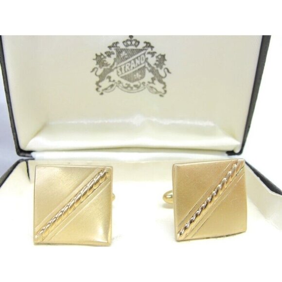 Strand Square Rolled Rope Design Vtg Cufflinks Gold Tone Tux Wedding Formal IOB - Picture 2 of 11